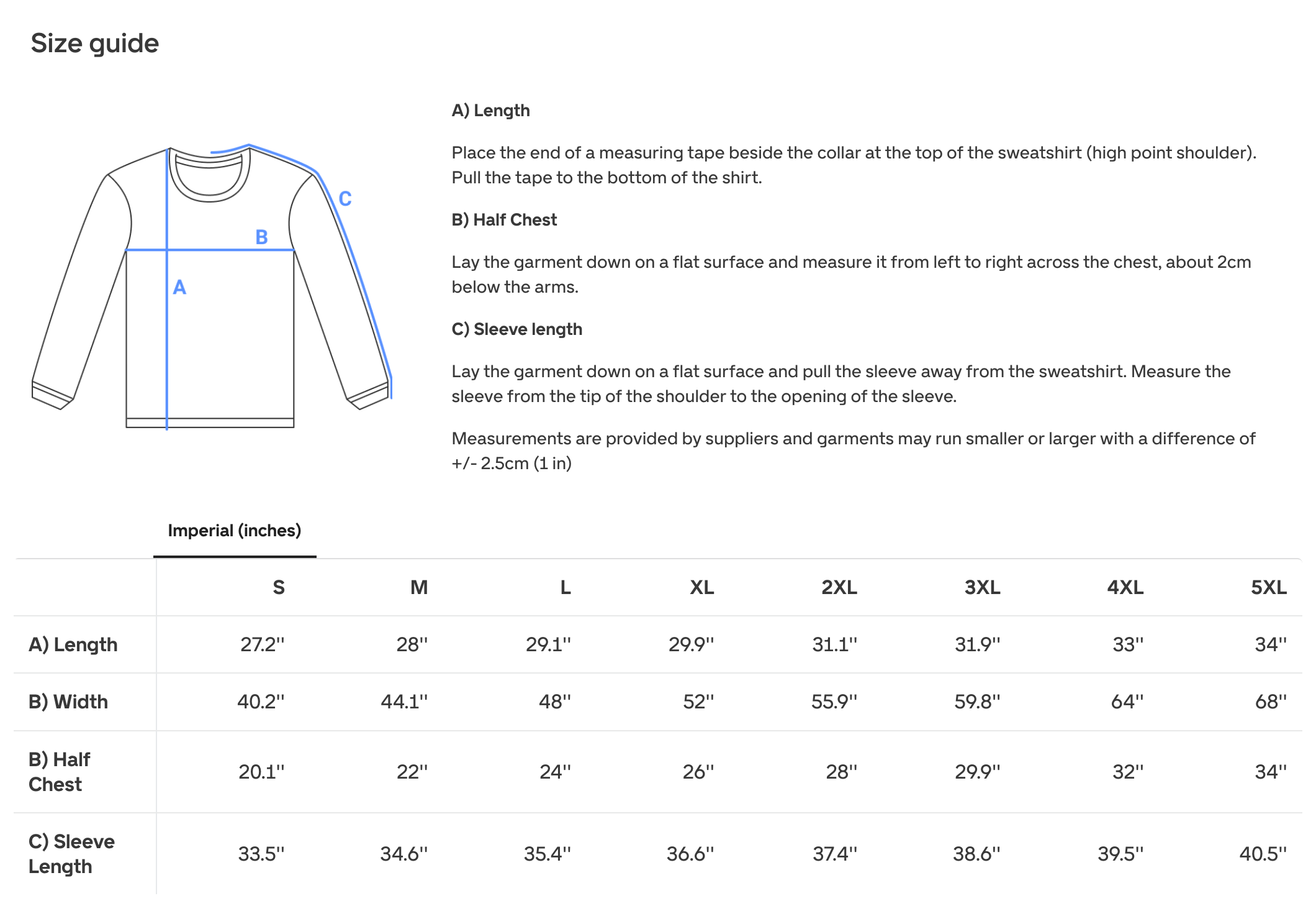 Adult sweatshirt size chart