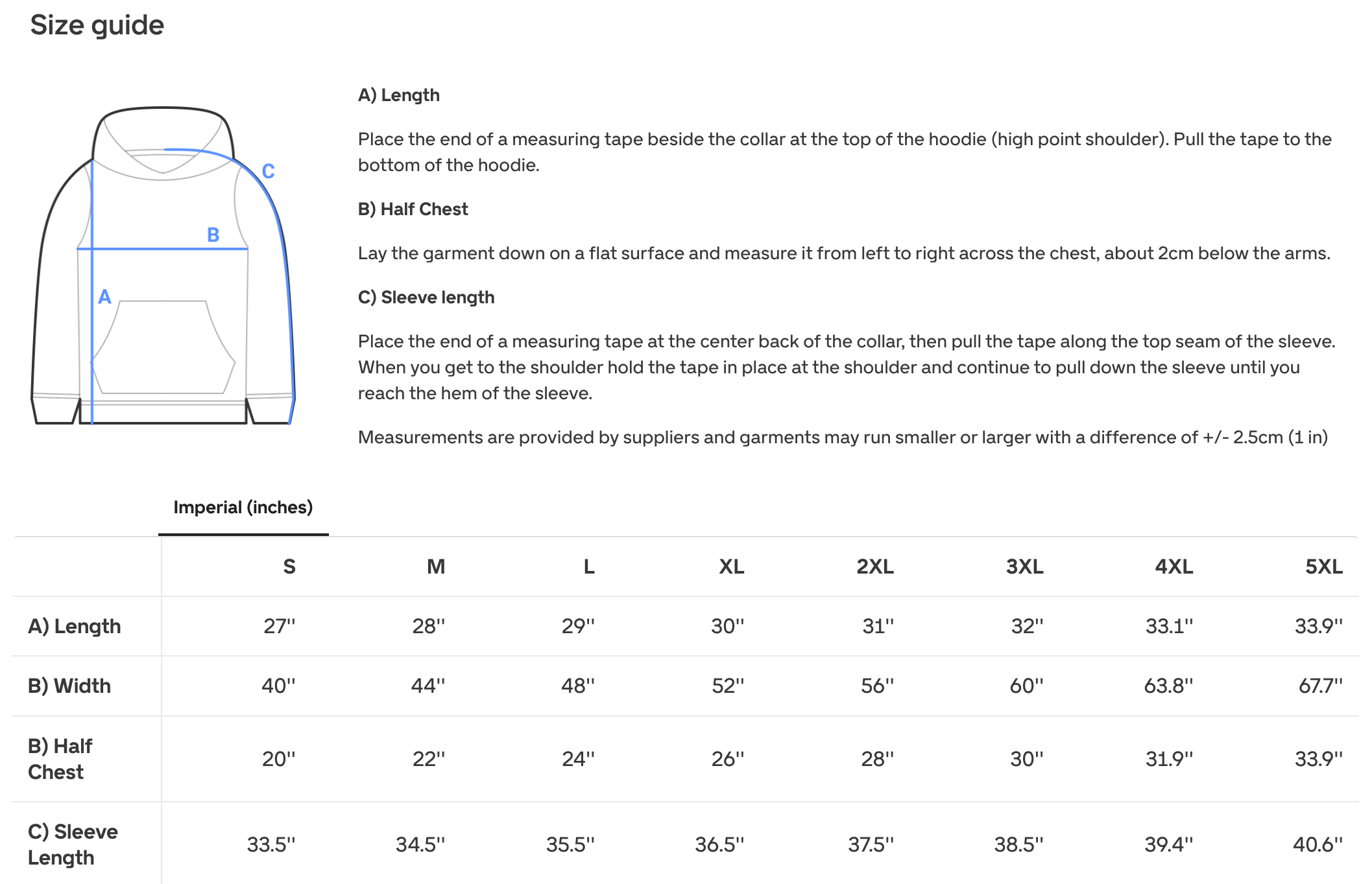 Adult hoodie size chart
