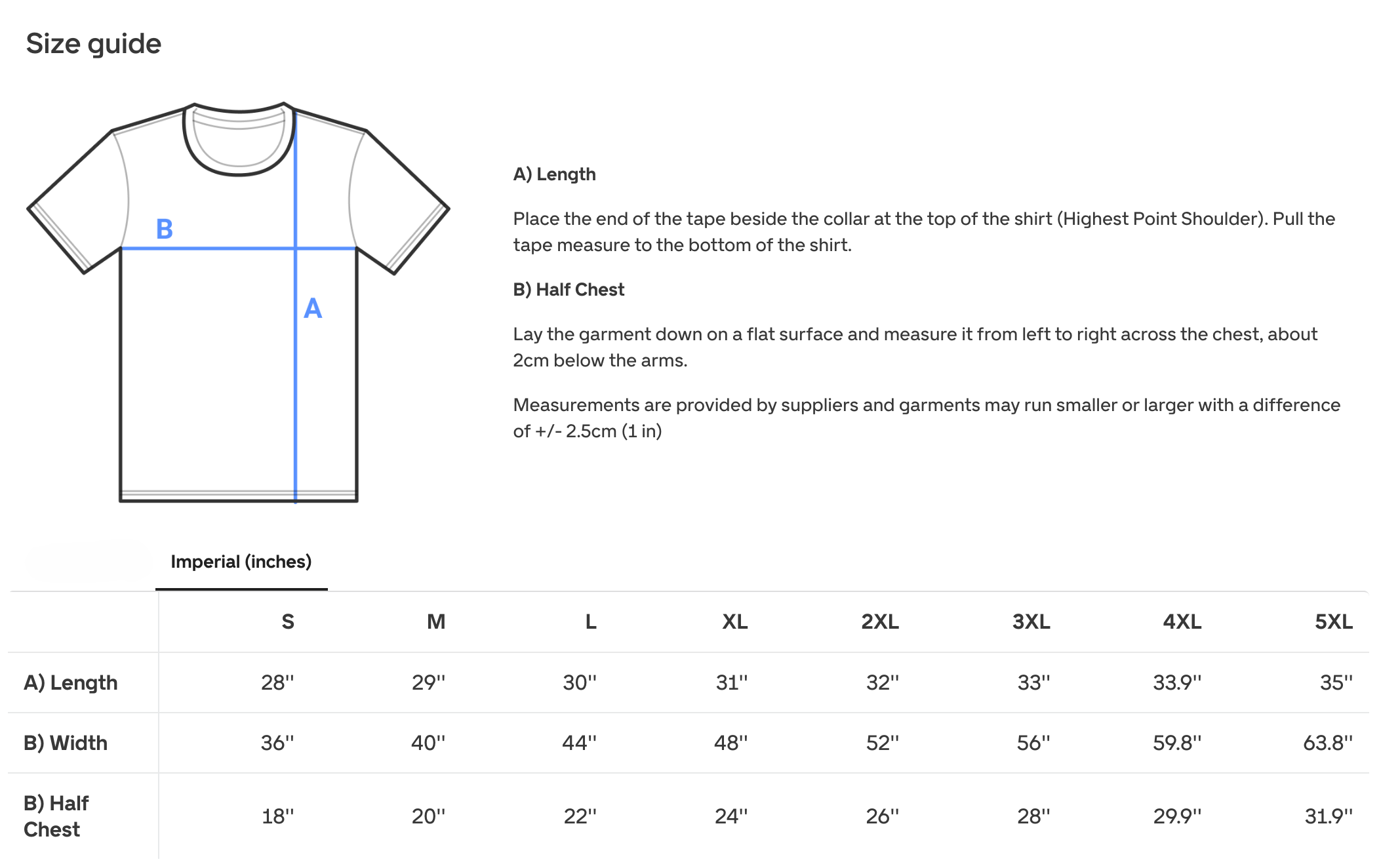 Adult t-shirt size chart