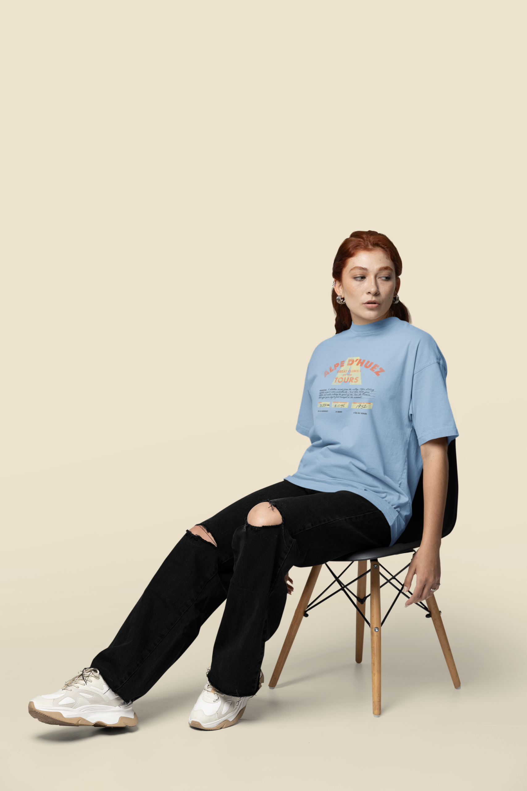 Model wearing Alpe d'Huez t-shirt from the Great Climbs collection